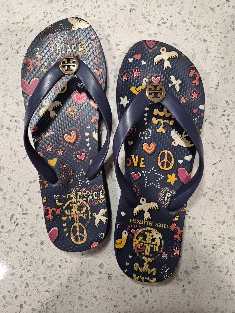 Tory Burch Womens Navy Flip Flops with Colorful Peace & Heart Print Size 6/7